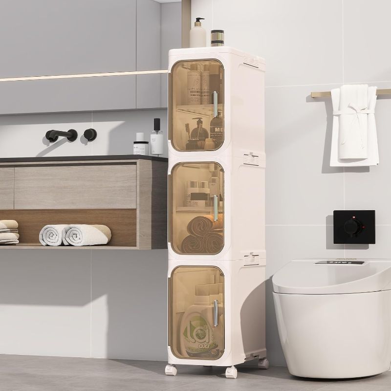Photo 1 of KHNR 3-Tiers Slim Bathroom Storage Cabinet, Foldable Storage Cabinets,Narrow Bathroom Storage,Movable Bathroom Storage Organizer for Small Spaces,Bathroom,Kitchen,Laundry,Cream White
