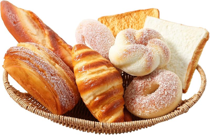 Photo 1 of 8pcs Artificial Bread Set, Realistic Fake Food for Display, Fake Bread for Decoration, Faux Food Props, Includes Faux Croissant, Dessert, Baguette and Toast
