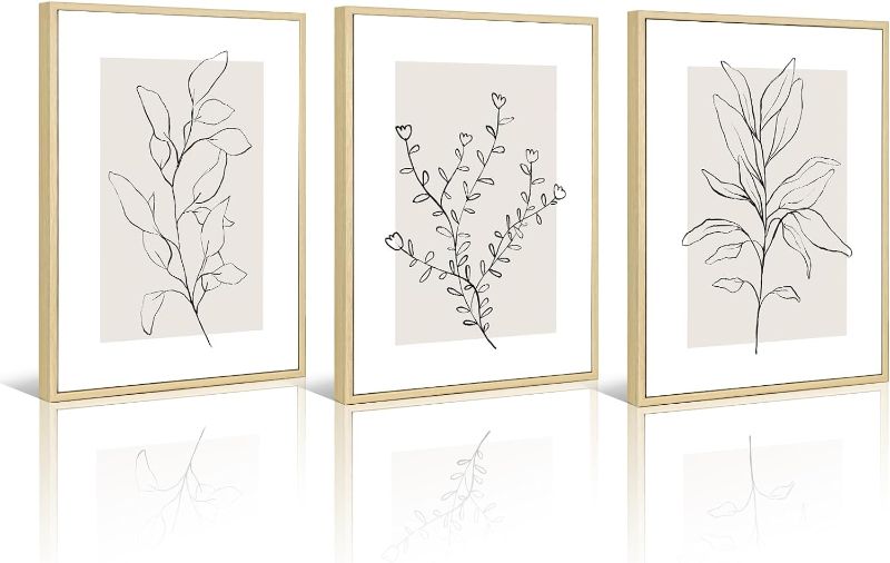 Photo 1 of Neutral Botanical Prints Wall Art Decor Plant Minimalist Canvas Pictures Vintage Beige Wall Art Modern Farmhouse Line Poster Boho Abstract Painting Artwork for Bedroom 16x24 Inch Framed Set of 3
