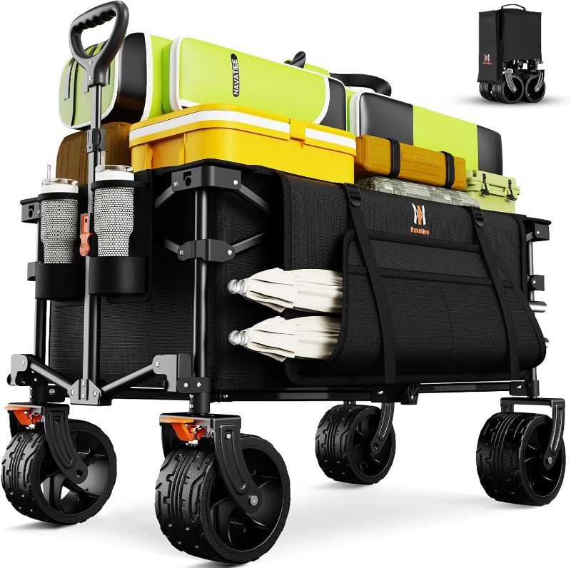 Photo 1 of Navatiee Big Wheels Collapsible Wagon Cart Foldable, Heavy Duty Beach Wagon with Silent All-Terrain Wheels, Folding Utility Grocery Cart with Side Pocket and Brakes for Camping Garden Sports, Black
