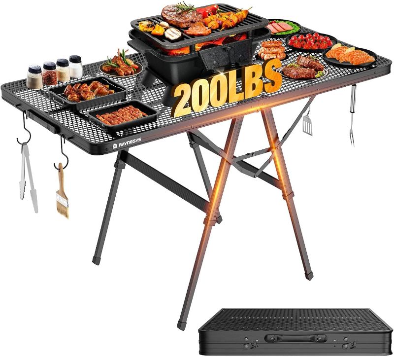 Photo 1 of Foldable Grill Table with Mesh Desktop, 200lbs 4Ft Portable Folding Table, Height Adjustable Metal Table for Ourdoor, Camping, Picnic, BBQ and Beach, RV, 47.24" L x 23.62" W
