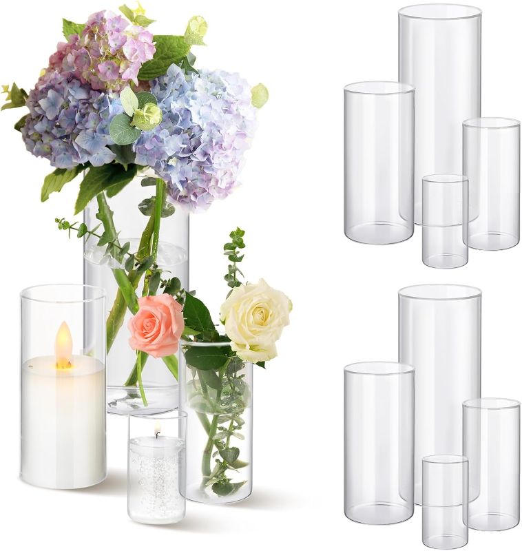 Photo 1 of 12pcs Clear Glass Cylinder Vases, 4, 6, 7.5, 10 Inch Tall Cylinder Vases for Centerpieces,Glass Flower Vase Hurricane Floating Candle Holder Vase for Table Shelf, Wedding, Party,Home & Office Decor