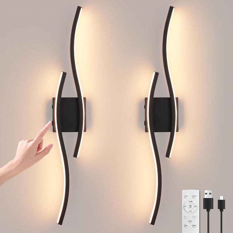 Photo 1 of Modern LED Wall Sconce set of Two, Battery Powered Wall Sconces set of 2 with Timer, Black Wall Light with Remote, LED Wall Lamp indoor not hardwired for Bathroom Living Room Bedroom Corridor
