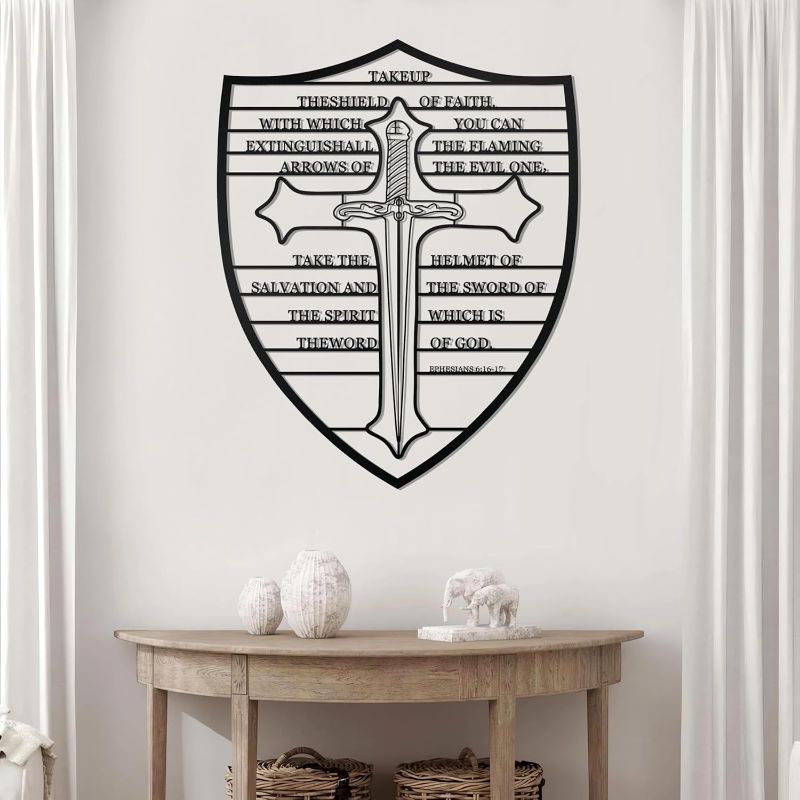 Photo 1 of Cpcdaosk Armour of God Metal Wall Art, Bible Verse Large Wall Decor, Christian Cross Religious Hanging Sign for Living Room Bedroom Bathroom Study Room Decoration