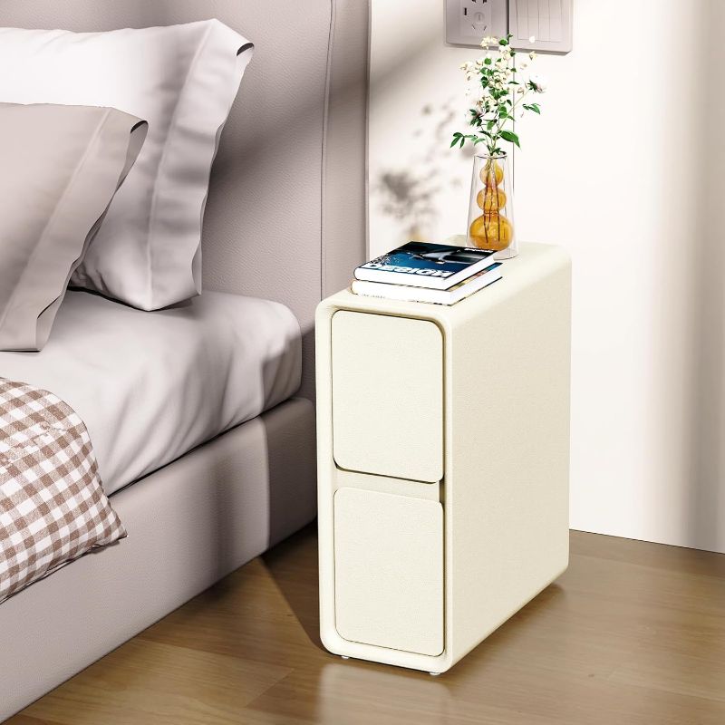 Photo 1 of VICITON Modern Narrow Faux Leather Nightstand, Solid Wood Drawer, Storage Accent Table, Small Side End Table for Bedroom (Cream White, Narrow)
