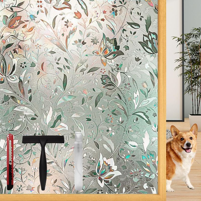 Photo 1 of Frosted Tulip Patterned Window Privacy Film with Installation Tools, Stained Glass Decorative Film, Removable, Peep-Proof, Static Cling (29.5 x 78.7 Inch)
