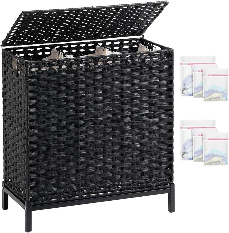 Photo 1 of Laundry Hamper with Lid 132 L, (35 Gallons) Clothes Hamper with Lid, Handwoven Rattan Laundry Hamper with Metal Heightened Feet, Laundry Hampers with 3 Removable Liner Bags for Laundry-Black
