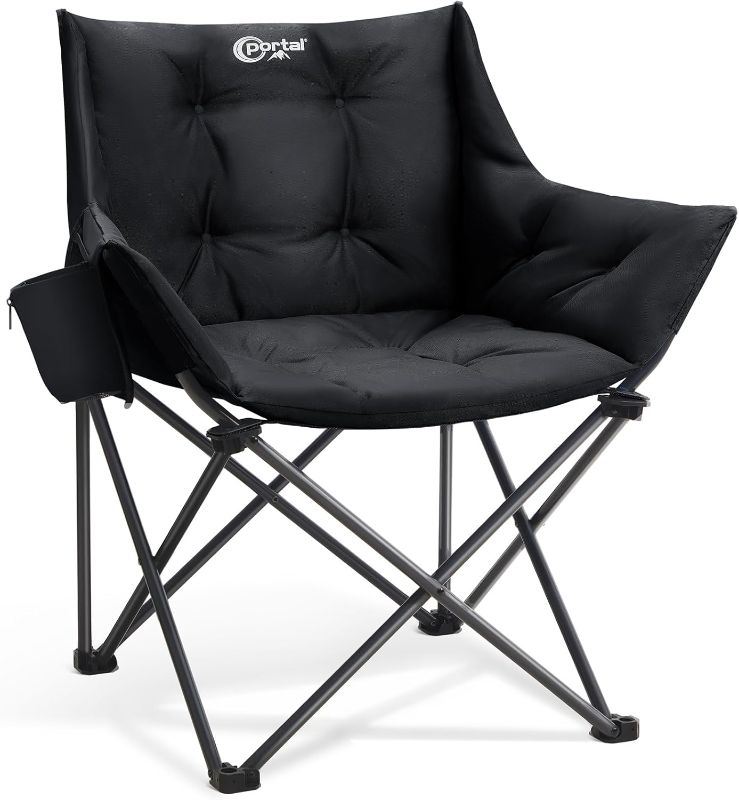 Photo 1 of Portal Oversized Padded Camping Chair - Heavy Duty Folding Chair with Cup Holder & Side Pocket, Supports 330 lbs, for Camping, Lawn, Sports, Black
