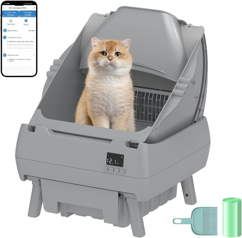 Photo 1 of Automatic Cat Litter Box Self Cleaning - APP Control, Open-Style Design, Smart Health Monitor, Suitable for Medium Cats and Kittens, Safe Anti-Pinch, Quiet, A Lifelong Companion - Grey
