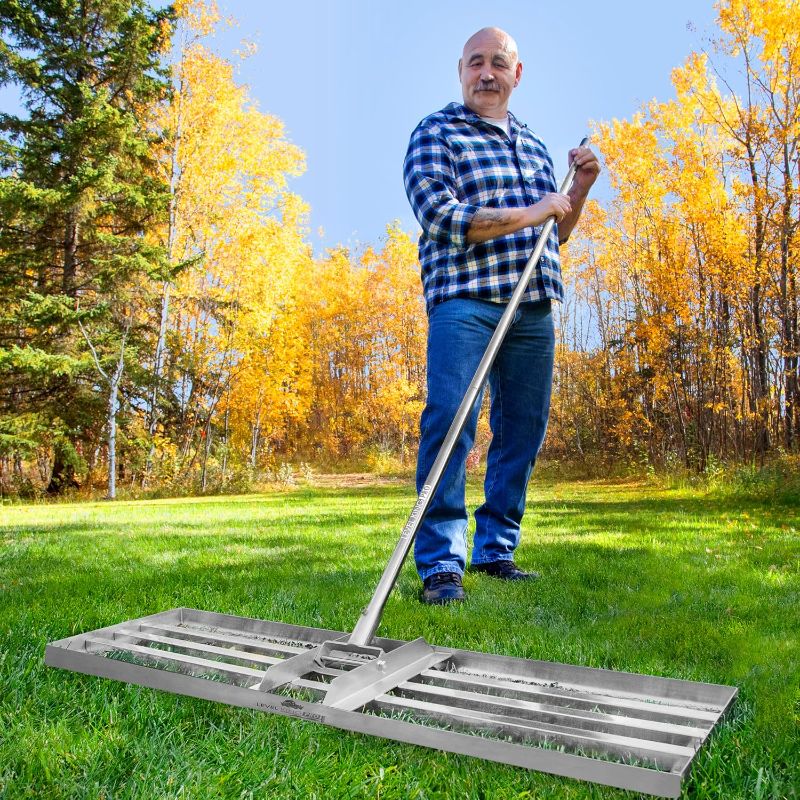 Photo 1 of Exceptional Lawn Leveling Rake 36 Inch - 304 Stainless Steel Heavy Duty Lawn Leveler - Max-Strength 76 Inch Extra Long Pole - Yard Leveling Rake for Crafting Flawless Lawns - Reach Further Areas
