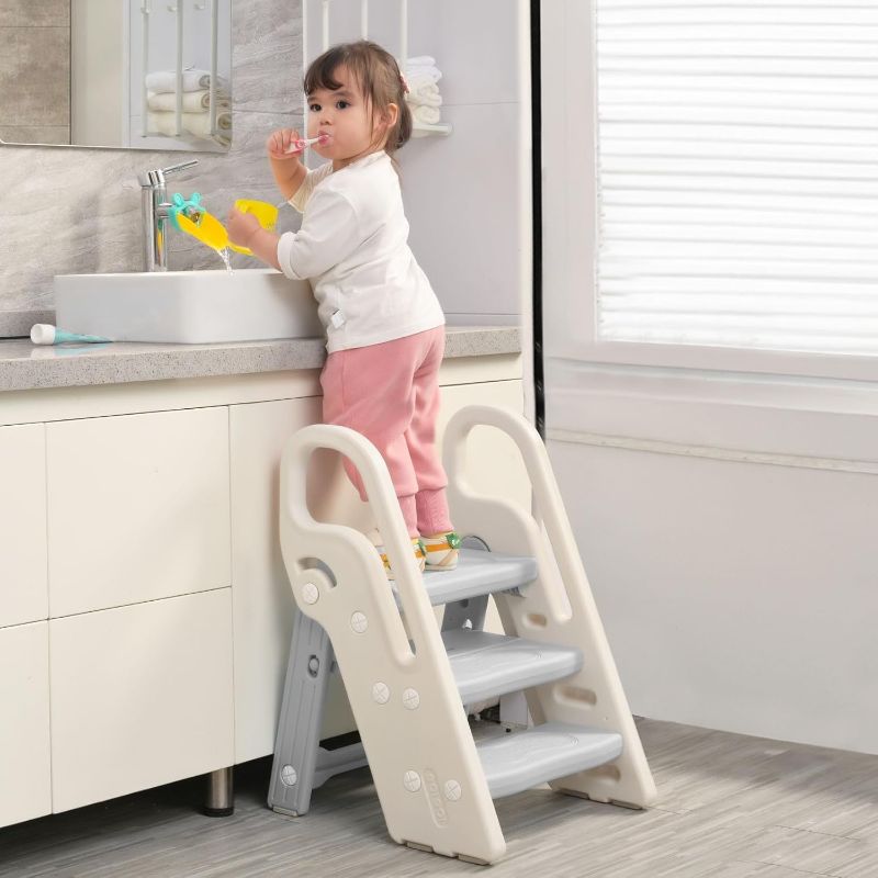 Photo 1 of Onasti Foldable Step Stool for Bathroom Sink, Adjustable 3 Step Stool for Kids Toilet Potty Training Stool with Handles, Child Kitchen Counter Stool Helper, Plastic Ladder for Toddlers Grey
