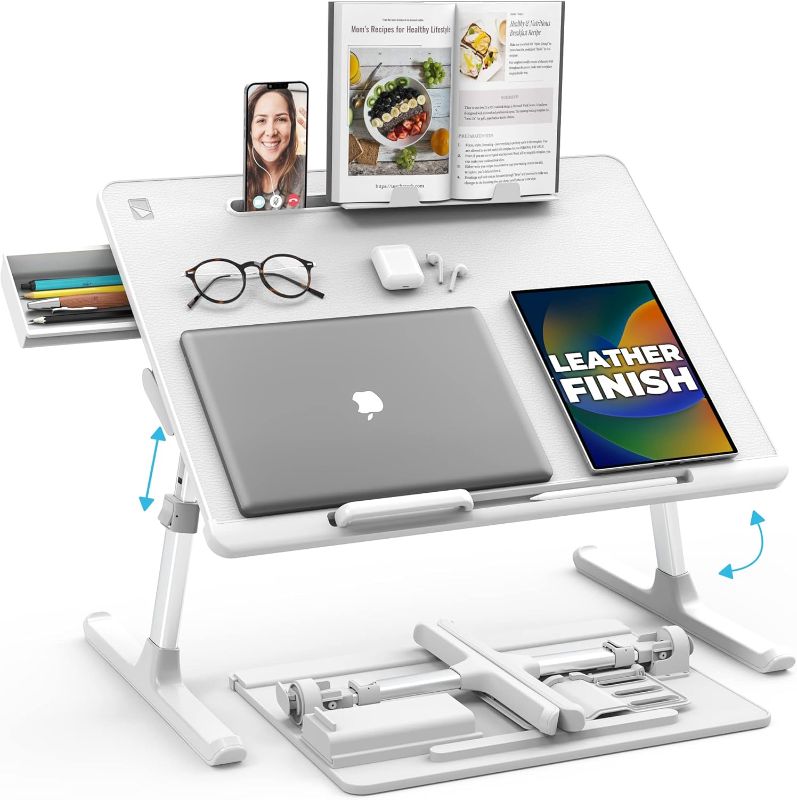 Photo 1 of Cooper DeskPRO XL 23.6" Ergonomic Adjustable Laptop Bed Desk, Laptop Bed Table | Tray for Eating, Computer, Writing, Floor, Couch | Large Lap Desk for Adults | Leather, Drawer, Book Stand (White)
