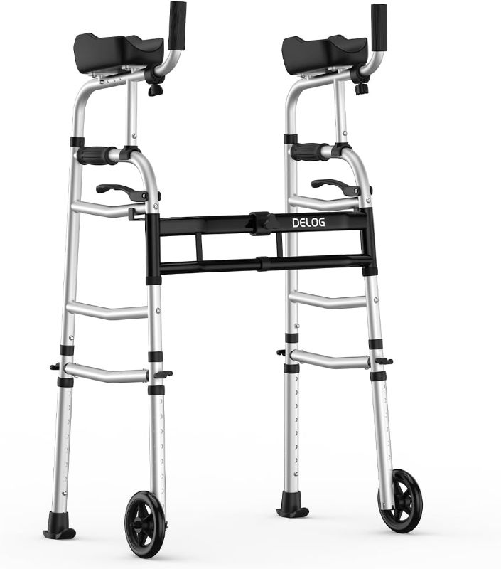 Photo 1 of Delog Folding Walker for Senior - Platform Walker with 5’’ Wheels and Removable Padded Armrests 350lbs, Lightweight Walking Mobility Aid, Standard Walker for Elderly (Black)
