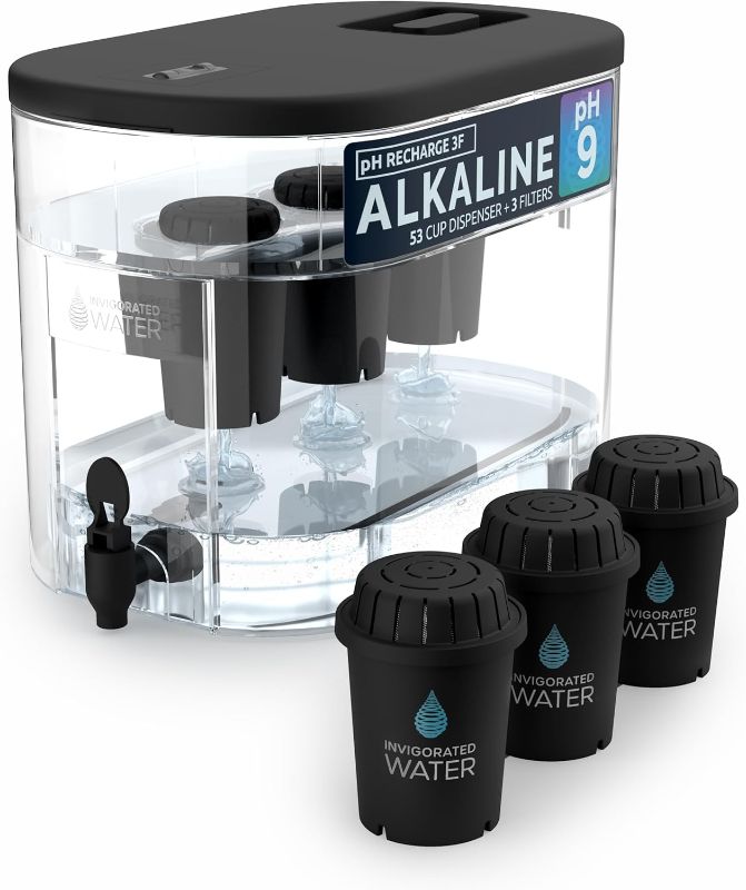 Photo 1 of Invigorated Water - Alkaline Countertop Water Filter Dispenser, Large 52-Cup Capacity, Mineralized Alkaline Water, BPA-Free, 96 Gallons/Filter (Black, 3 Filters Included)

