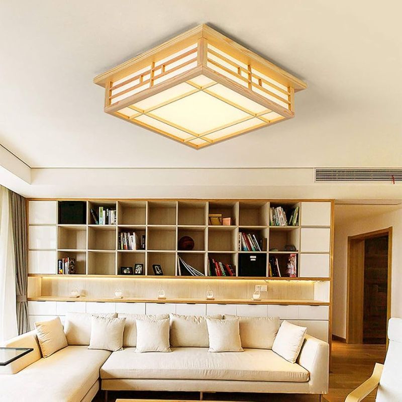 Photo 1 of Be the first to ask a question for OUKANING 13.78 in. Wood Square Japanese Style Tatami Dimmable Flush Mount Ceiling Light with Integrated LED and Remote
