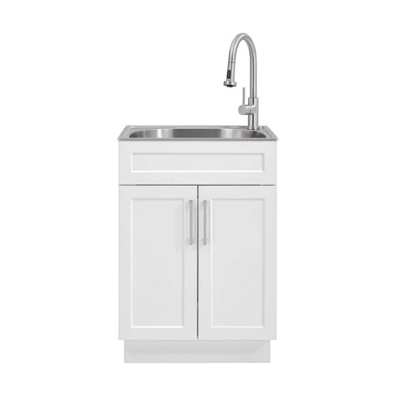 Photo 1 of 24 in. W X 21 in. D X 51 in. H Drop-in Stainless Steel Laundry Sink with Faucet and Cabinet in White