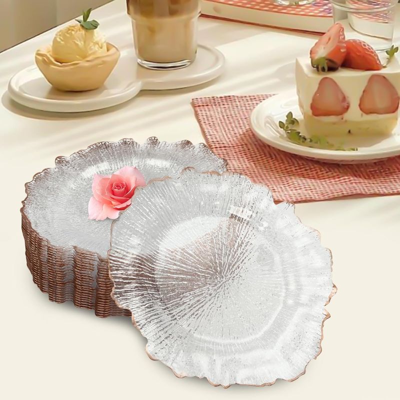 Photo 1 of 17 Pcs Flower Shaped Decorative Charger Plates, 12.6inch Plastic Table Chargers Plates with Flower-Shaped Rim, Clear Charger Plates for Weddings, Parties Decor (Clear, Rose Gold)
