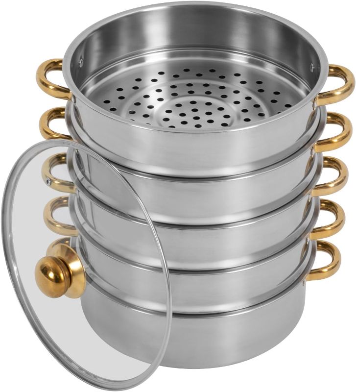 Photo 1 of Steamer Pot 11in/28cm, 5 Tier Steamer Pot for Cooking with 7L Stock Pot and Four-tier Steamer, Food-Grade Stainless Steel Food Steamer Cookware for Gas Electric Stove
