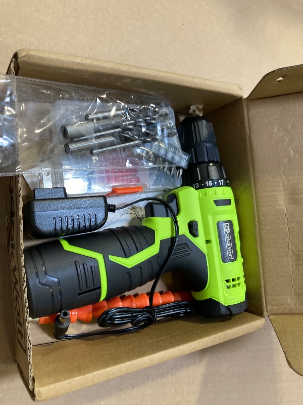 Photo 1 of FADAKWALT Cordless Drill Set,12V Power Drill Set with Battery and Charger, Electric Driver/Drill Bits, 3/8'' Keyless Chuck,21+1 Torque Setting, 180 inch-lbs, with LED Electric Drill Set (Green)