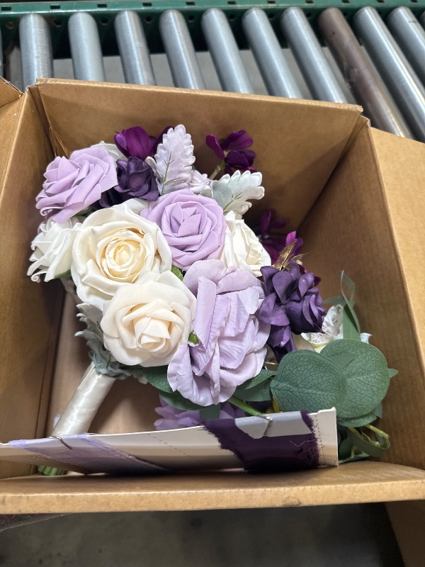 Photo 1 of Ling's Moment Purple Bridal Bouquet Cascading, Lilac Wedding Bouquets for Bride, 13 Inch Lavender Bride Artificial Flowers Bouquets