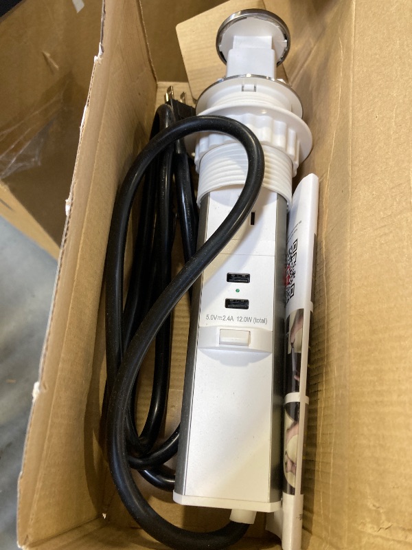 Photo 1 of Pop Up Outlet for Countertop, Receptacle Power Strip with 3 AC Outlet 2 USB Ports, Pull Pop Up Power Socket Outlet, Recessed Outlet for Kitchen Counter Conference Desk Office, White