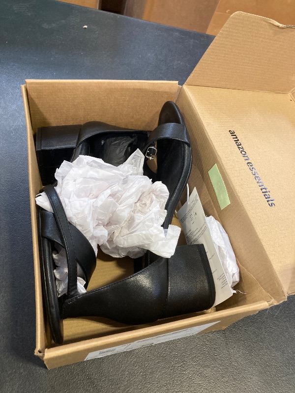 Photo 1 of Amazon Essentials Women's Two Strap Heeled Sandal, Black Faux Leather, 12 used once bottoms are a little dirty