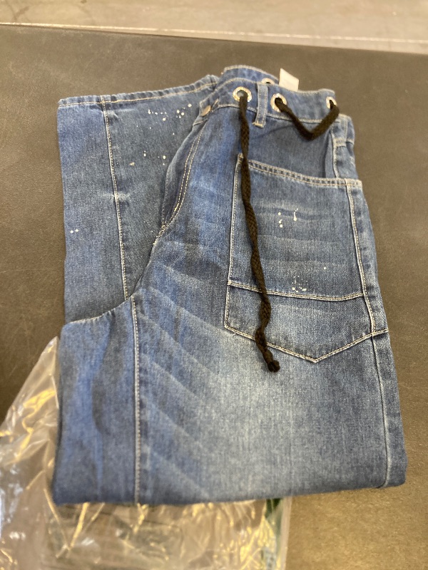 Photo 1 of Cicy Bell Womens Baggy Barrel Horseshoe Jeans Wide Leg Drawstring Vintage Denim Pants with Front Pockets Blue size 6
