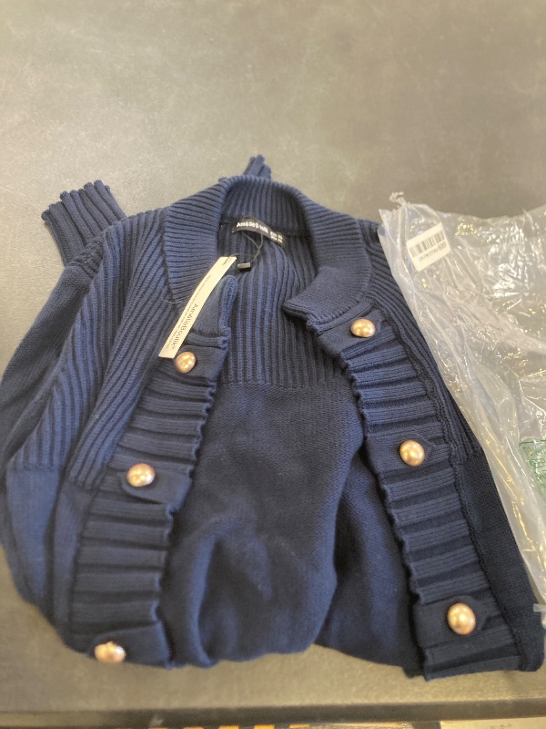 Photo 1 of AmélieBoutik Women Cotton Blend Casual Button-up Stand Collar Military Style Open Front Cardigan (Navy Blue X-Large)