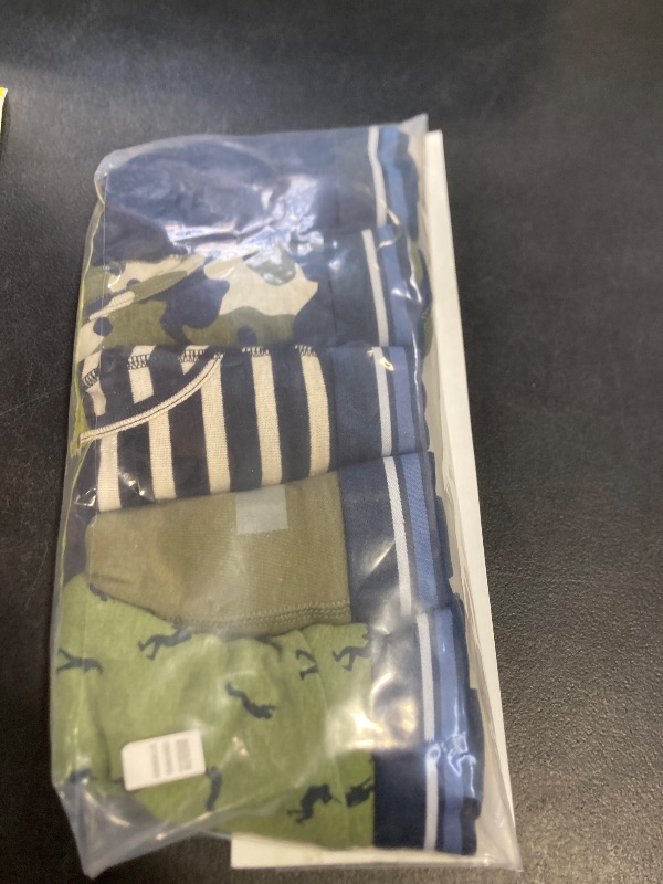 Photo 1 of Amazon Essentials Men's Underwear Boxer Briefs, Comfortable Cotton, Tag-Free, Pack of 5, Black White Stripe/Camo/Dark Blue/Military Green/Warrior, Medium