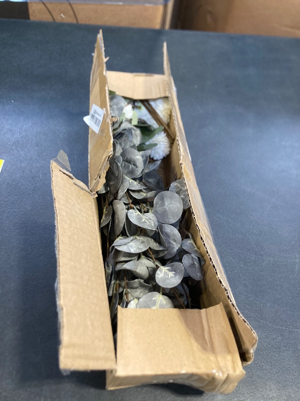 Photo 1 of 7Pcs Beige White Faux Kiku Flower 25 Heads+18 Eucalyptus, Long Stem Pom Pom Fake Mums Artificial Flowers for Vase Silk Chrysanthemum for Centerpiece Bouquet Floral Arrangement Tan Nude Neutral Cream