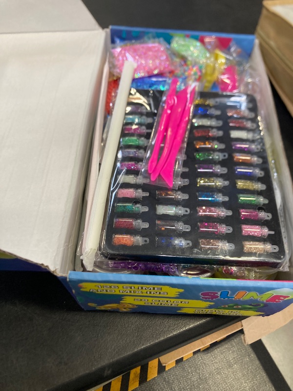 Photo 1 of 126 Pcs DIY Slime Making Kit for Girls Boys - Birthday Idea for Kids Age 5+. Ultimate Supplies Include 28 Crystal Slime, 2 Glow in The Dark Powder, 48 Bottle Glitter Jar etc.
