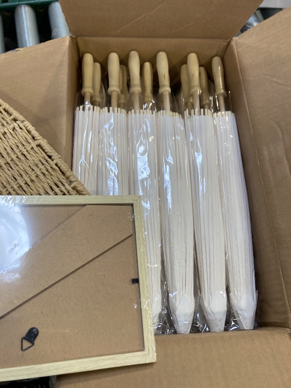 Photo 1 of 24 Pack Paper Umbrellas for Weddings 23.6 Inch White Paper Parasols for Guests with Woven Storage Basket and Photo Frame for Wedding Anniversary Parties Bridal Showers Party