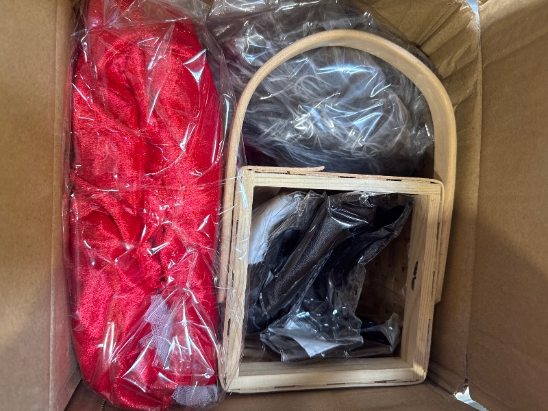 Photo 1 of 7 Pcs Funny Halloween Couples Costumes Including Red Hood Cape Picnic Basket Balck Gloves Bow Stockings Wolf Ear, Tail and Gloves for Adults Men Women Cosplay Party