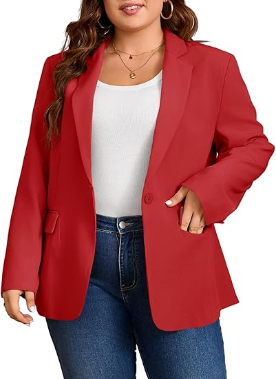 Photo 1 of 4XL-Cicy Bell Womens Plus Size Casual Blazers Open Front Long Sleeve Work Office Suit Jackets Red