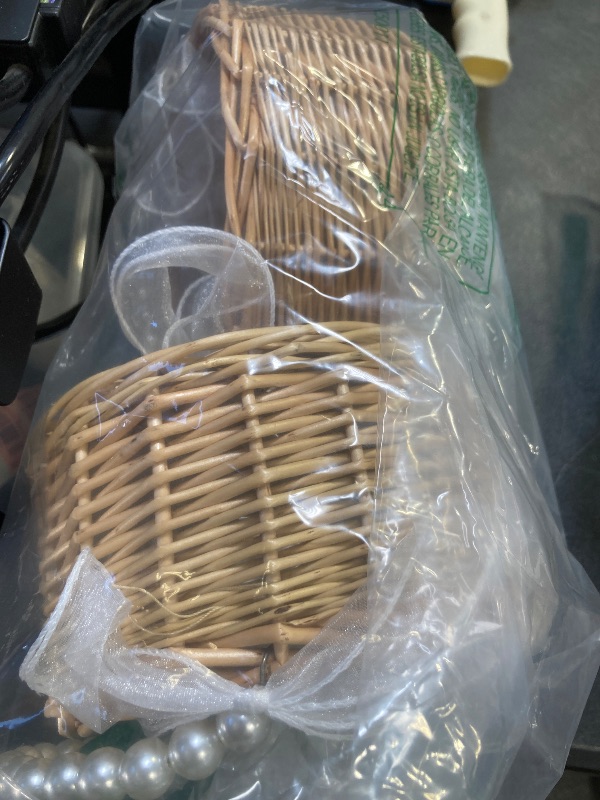 Photo 1 of 2 PCS Wicker Rattan Flower Girl Basket Wedding Flower Girl Basket with Pearl Handle and Bow Fairy Flower Basket Handwoven Easter Basket Wicker Basket for Wedding Flower Girl(Brown)