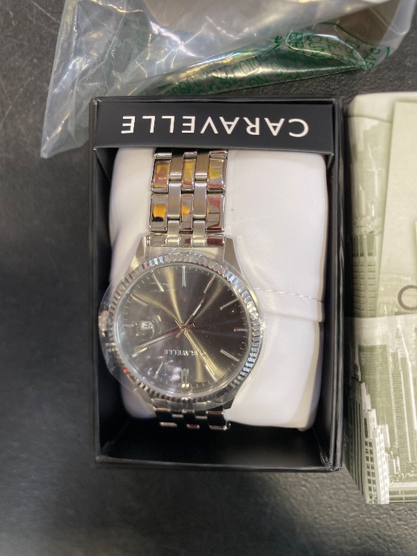 Photo 1 of *CROWN IS DAMAGED. WATCH IS NON FUNCTIONAL *Caravelle by Bulova Men's Dress 3-Hand Date Quartz Watch, Stainless Steel, Coin Edge Bezel, 41mm