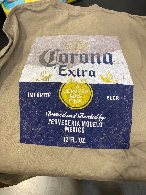 Photo 1 of 2Bhip Corona Extra Beer Label Front & Back Print Mens Sand Short Sleeve Vintage Style Graphic T-Shirt - Large