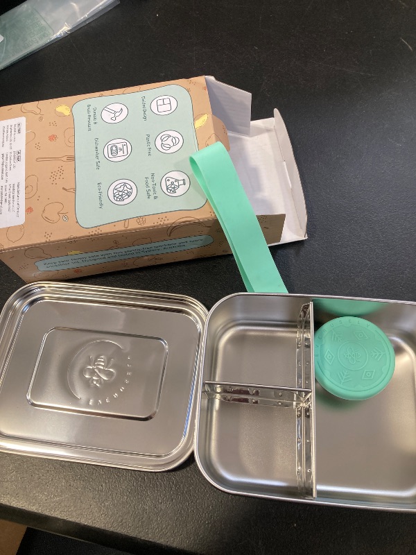 Photo 1 of Everusely - Bento Box - Green, 27oz / 0.8 L - Stainless Steel Lunch Box with Leakproof Condiment Container - 3 Compartment Snack Organizer for On the Go Meals - Freezer & Dishwasher Safe