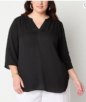 Photo 1 of 2X- Worthington Womens Split Crew Neck 3/4 Sleeve Plus Blouse
