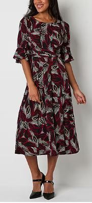Photo 1 of SMALL-Perceptions Womens 3/4 Sleeve Leaf Puff Print Midi Fit + Flare Dress
