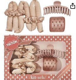 Photo 1 of Kitsch Satin Heatless Hair Curler Styling 5pc Gift Set - Satin Heatless Hair Curler w/ 2 Scrunchies, Ceramic Thermal Roller & Claw Clip, Gifts for Women, Hair Roller Styling & Accessories- Champagne