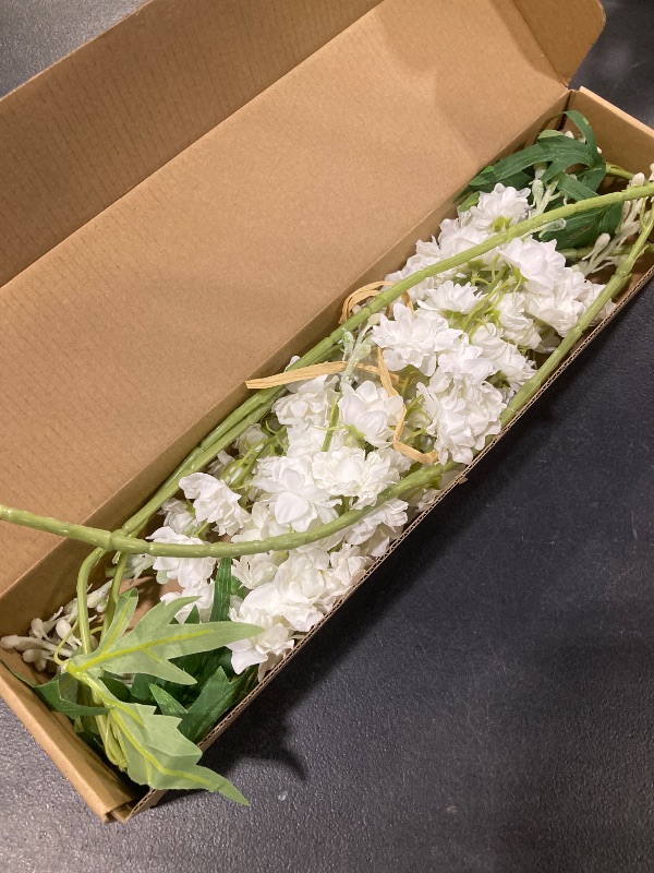 Photo 1 of 4PCS 33.5'' White Delphinium Artificial Flower Faux Larkspur Long Stem Fake Floral Silk Bouquets Plant for Tall Floor Vase Spring Home Kitchen Wedding Outdoor Indoor Decoration
