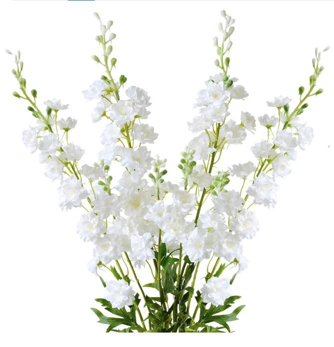 Photo 1 of 4PCS 33.5'' White Delphinium Artificial Flower Faux Larkspur Long Stem Fake Floral Silk Bouquets Plant for Tall Floor Vase Spring Home Kitchen Wedding Outdoor Indoor Decoration
