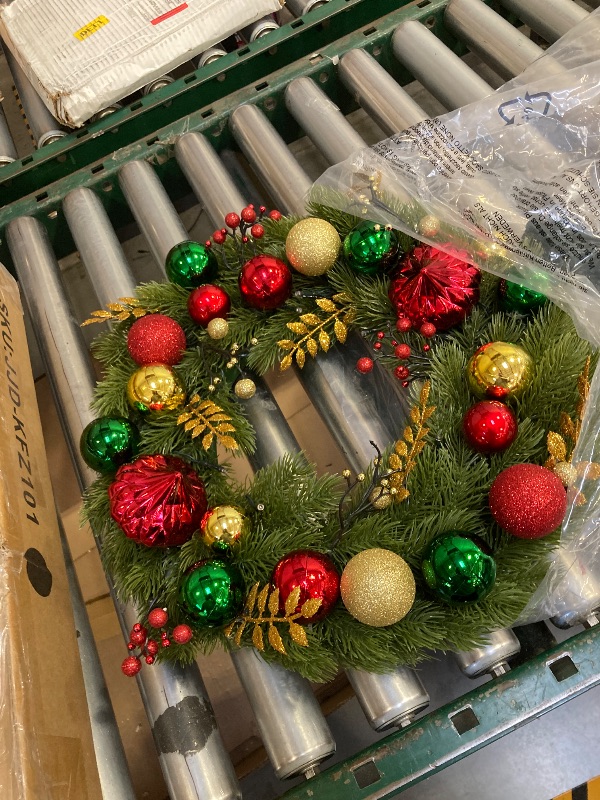 Photo 1 of  18 Inch Pre-Lit Artificial Christmas Wreath with 40 Lights, Red and Green Christmas Ball for Front Door Indoor Outdoor Farmhouse Festival Home Décor 