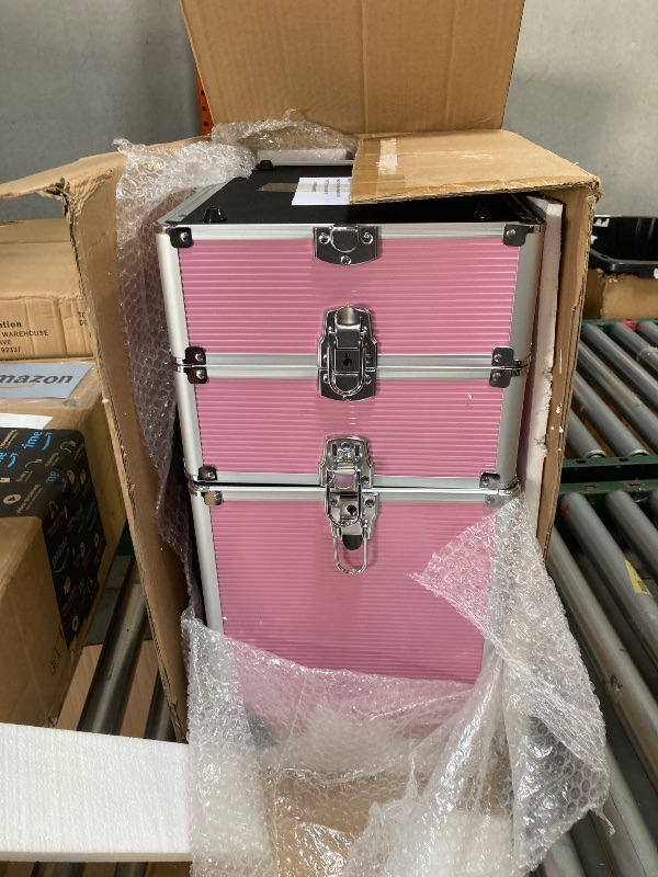 Photo 1 of Professional Makeup Train Case 4 in 1 Rolling Cosmetic Trolley Makeup Case Organizer Makeup Travel Case, with 4 Detachable Removable Wheels, Pink 