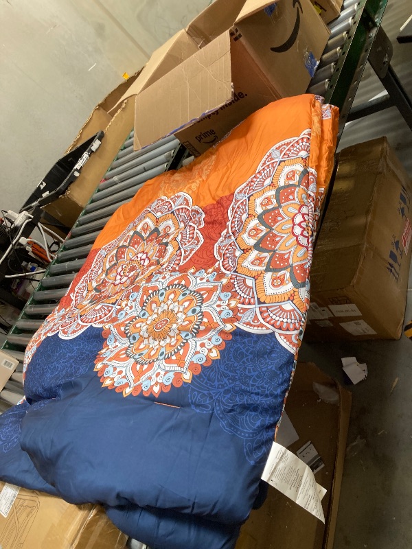 Photo 1 of  Wake In Cloud - Bohemian Comforter Set, Boho Chic Ornate Floral Elements Pattern Printed for Men Women, Soft Lightweight Bedding, 3 Pieces, Orange Navy, King Size 