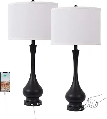 Photo 1 of Touch Control Table Lamp Set of 2, 3-Way Dimmable Nightstand Lamp Sets with Linen Fabric Shade, Bedside Lamp with USB Port & E26 Socket, Modern Tall Table Lamp