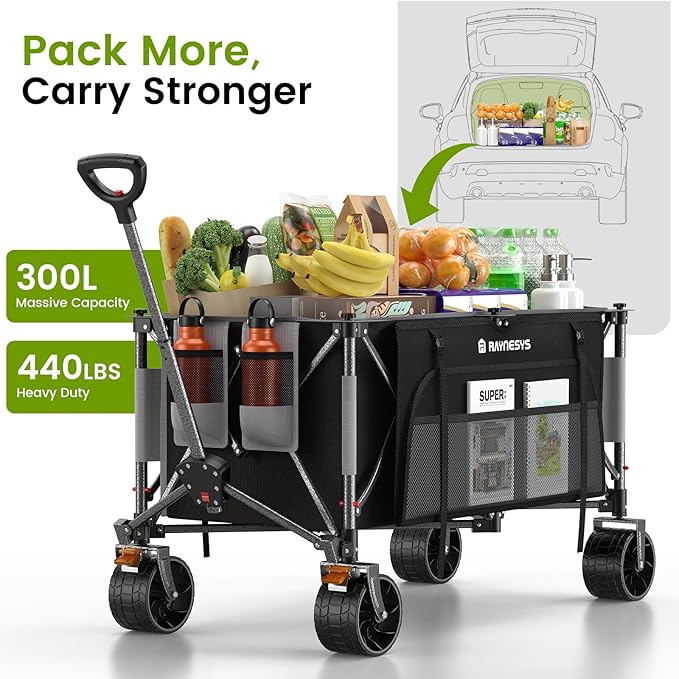 Photo 1 of 300L Collapsible Wagons Cart with Wheels Foldable, 440lbs Heavy Duty Folding Wagon, Upgraded Effortless Elegance, Foldable Wagon for Sports Beach Grocery Camping, Black & Gray