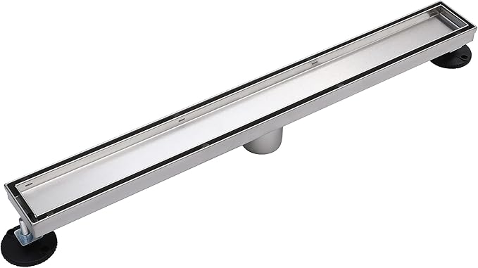 Photo 1 of 24 inch Linear Shower Drain with Removable Square Hole Panel by Using Brushed 304 Stainless Steel Process, Linear Drain Equipped with Adjustable Feet and Hair Strainer