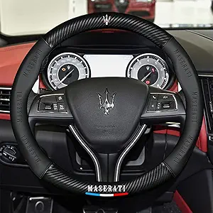 Photo 1 of New Fit Maserati Leather Steering Wheel Cover,Stylish Nappa Leather Carbon Fiber Texture Protector,Non-Slip,Universal 15inch Compatible with Maserati Accessories (Old Mase-Black)